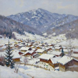 beautiful snow mountain village, oil painting, oil in canvas, brushstrokes