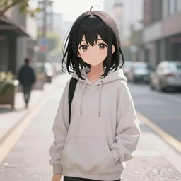 black haired girl wearing hoodie, city, anime key visual, shaft