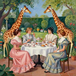 elegant victorian tea party with giraffes in an english summer garden patio, diego rivera - h 7 6 8