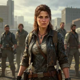 fallout 5, charismatic beautiful rugged brunette female raider, portrait, outdoors cityscape, atmospheric lighting, painted, intricate, volumetric lighting, beautiful, daytime, sunny weather, slight overcast, sharp focus, deep colours, ultra detailed, by leesha hannigan, ross tran, thierry doizon, kai carpenter, ignacio fernandez rios