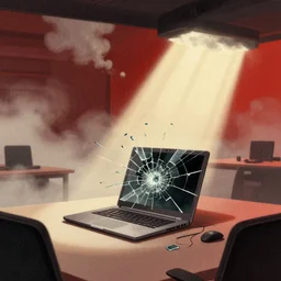 editorial illustration by karolis strautniekas and mads berg, office interior, broken laptop screen, liquid clouds, fog, red black yellow beige, fine texture, detailed, muted colors, film noir, dramatic lighting, dynamic composition, vivid, matte print, wide angle, shattered glass ( ( sunbeams ) ), moody