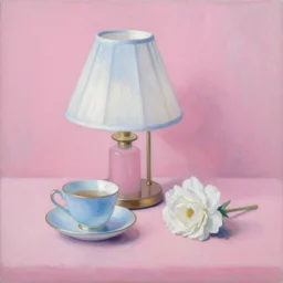 a professional still life oil painting of a lamp a tea cup and a flower in the color scheme of pink, blue and white by wilsiko anio