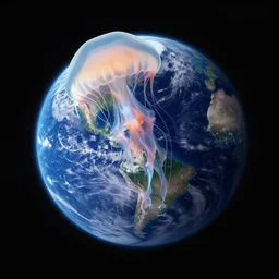jelly fish hugging planet earth, photo taken from the moon