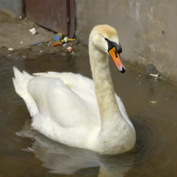 close up of a swan, in dirty water, in an alley way, with rubbish in the water detailed painting, epic lighting, by ilya repin, phil hale and kent williams