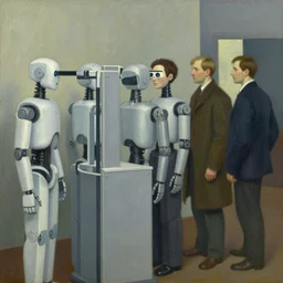 robots queue up for eye scanner, grant wood, pj crook, edward hopper, oil on canvas