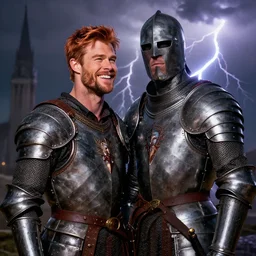 stunning portrait of ( ( ( laughing ) ) ) ( ( ( ( copper haired chris hemsworth ) ) ) ) as destruction from sandman looking like kristofer hivju!!, medival armour!!!!, by jeremy mann, by frank moth, jeff easley, alphonse mucha, dave mckean, thunder & lightning, soft lightning, high detailed, 8 k