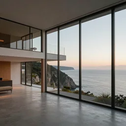 Modern house interior with big windows at dawn, on a cliff water view focus minimalistic epic architecture coherent high detail