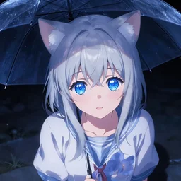 a japanese girl with silver hair and blue eyes and cat ears holding an umbrella at night, shot from above, sparkling eyes, illustration by Yoji Shinkawa