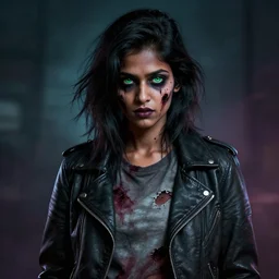 epic professional digital airbrushed portrait art of an attractive East Indian emo female zombie wearing a slightly torn tee shirt under a leather jacket, with deep green eyes, scary portrait, walking dead, best on artstation, cgsociety, wlop, Behance, pixiv, cosmic, epic, stunning, gorgeous,, masterpiece