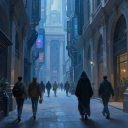 hyperrealistic and beautiful painting of an alley way within a grand city, wanderers traveling from afar, a robed figure walking, classical architecture, technological lights, screens, cyberpunk style, 8 k resolution, by hugh ferris and john smith, polished, fine detail, intricate, blue color scheme, cyberpunk style, smooth, octane, concept art, trending on artstation