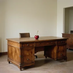 a photo from 1 9 2 0 of a single cherry sat on a large oak desk in an empty room. 4 k resolution