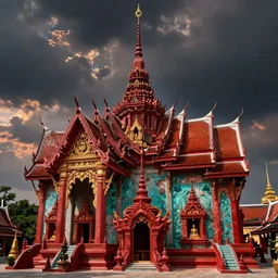 a beautiful ancient godly temple of Wat Rong Khun, red and teal color scheme, detailed and realistic, by dan mumford