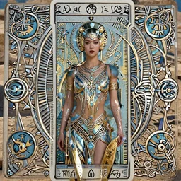 giesha demon, innovative avant - garde art, deco fashion, asian women, highly detailed, photorealistic portrait, serene desert setting, crisp quality and light reflections, octane render, tarot card with ornate border frame