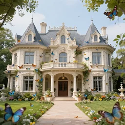 aesthetic photo of a mansion filled with butterflies