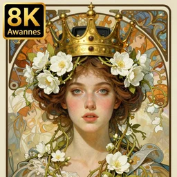 hyperrealist realistic wonderful face portrait of a queen, it is decorated with white flowers on the head that fall like vines and wears a huge computer crown. by jeremy mann and alphonse mucha, fantasy art, photo realistic, dynamic lighting, artstation, poster, volumetric lighting, very detailed faces, 4 k, award winning