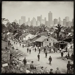 tintype photograph of thriving village located in ruins of new york city, destroyed background city, small village, 2 0 9 0 s, crowds of people