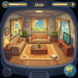 in a living quarters, inside a small cargo spaceship, from a point and click 2 d graphic adventure game, art inspired by thomas kinkade and mark keathley