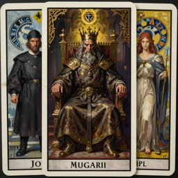 painting of an old powerful medieval king driven mad, sitting in his throne room all alone, highly detailed, digital painting, artstation, concept art, tarot card, symmetry, dark fantasy, sharp focus, illustration, art by Joe Madureira and Artgerm and Greg Rutkowski and Alphonse Mucha