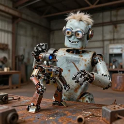 crazy robot mad scientist building robot warriors in a huge, stereotypically rusty warehouse
