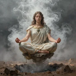 the delphi oracle, floating cross - legged above a pit, close shot, meditative expression, lots of fog and vapor. fantasy painting by wlop.