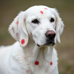 a white dog with many red circles on his fur, very long ears