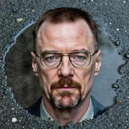 walter white's face on a as a intergrated puddle of water on a street, close up 8 k photograph