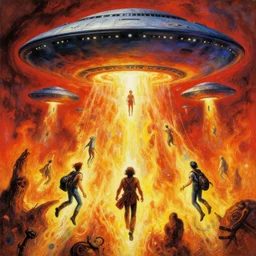a picture of people floating up into flying saucers, the rapture, a detailed action painting by mort kunstler, pixiv, kitsch movement, hellish fiery background, movie poster, official art