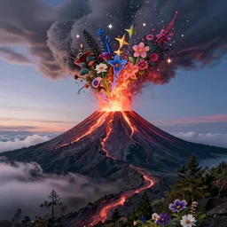 a volcanic eruption looks like a beautiful mountain, from which flowers and stars, exotic plants come out instead of lava, all this happens in some kind of fantasy world, almost like in the sky or all in the amazing outdoors view, long exposure, 8 k resolution, trending on artstation