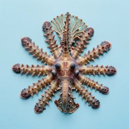 a tropical sea creature, centered on a plain light blue background, sony ar 7 ii, fine details, soft light, in the style of nick cave
