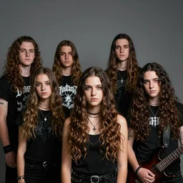 group of ethnically diverse 19-year-old boys and girls with long permed wavy hair, stoner rock, traditional heavy metal, heavy rock, band promo image, 2022 HD photograph