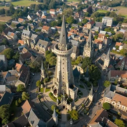 aerial view of fantasy town with a wizard's tower in the middle, photograph, 8 k