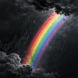 digital painting of twisting rainbow in black sky. black puffy clouds. slanting rain.