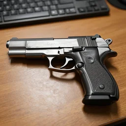 a full shot photo of a pistol gun laying on a desk