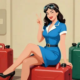 1950's pin-up girl, wearing a tight blue dress and aviators, with legs crossed, sitting on a gasoline tank, winking, making a peace sign, stylized