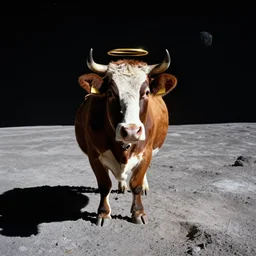 wide angle view, colored photo of a cow on the moon, a golden halo ornament on its head, photorealistic, 8 k