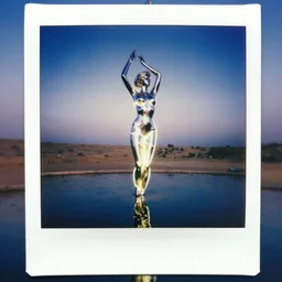 4 k polaroid wide angle photo of a glowing giant steel shiny reflective woman statue dancing, half submerged in water, in a desert oasis lake, at dusk, with neon lighting