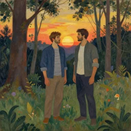male couple at the forest, sunset, illustrated by joaquin sorolla and ricardo sanz