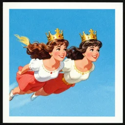 matchbox vintage misprint illustration of two women wearing crowns, flying over a blue sky