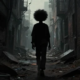a dynamic long shot portrait of the silhouette of a black boy with an afro walking through a post apocalyptic alley, by simon stalenhag, dark and ominous, digital illustration, behance, rendered in unreal engine 5, rim lighting, ray tracing, 8 k, hd