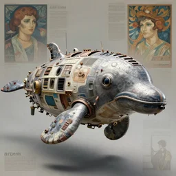 a spaceship made of scrap that is shaped like a manatee, art by artgerm and greg rutkowski and alphonse mucha highly detailed, dieselpunk, high quality, 8 k, soft lighting, realistic face, path traced