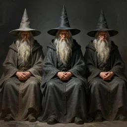 picture of three old sages, classical wizard robes, sitting, serious, classic wizard hats, high fantasy, highly detailed, smooth, sharp focus, chiaroscuro, digital painting, concept art, artgerm and greg rutkowski and alphonse mucha