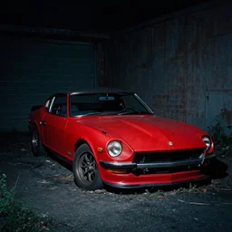 decaying red 350z roadster abandoned in alley night time decrepit shot from bladerunner 2049 soft lighting dark shadows beautiful 35mm camera Ryan Church