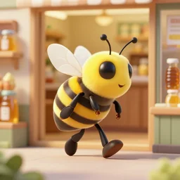 hyper - realistic anthropomorphic bee walking into a honey shop