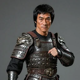 photo realism, super detailed, portrait of Bruce Lee as god of warrior, medieval rusty armoury