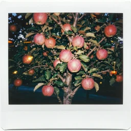 analog polaroid of an apple tree, many pink and red apples, orange and yellow fireflies surrounding the tree, bright lights, colorbleed