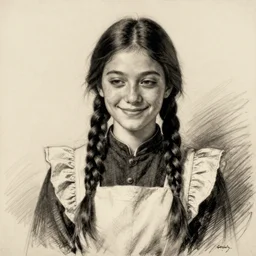 a sadly smiling black haired, young hungarian village maid from the 19th century who looks very similar to Lee Young Ae with a two french braids, detailed, sketch by Rembrandt, Csók István, Cecilia Beaux and da Vinci