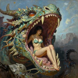 A beautiful oil painting of a girl in a bikini in a dragons mouth  by Lucas Graciano, Frank Frazetta, Greg Rutkowski, Boris Vallejo, epic, fantasy, character art, high fantasy