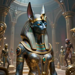 highly detailed portrait of sekhmet the egyptian goddess, intricate alien technology, stephen bliss, unreal engine, fantasy art by greg rutkowski, loish, rhads, ferdinand knab, makoto shinkai and lois van baarle, ilya kuvshinov, rossdraws, tom bagshaw, global illumination, radiant light, detailed and intricate environment