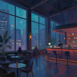 cyberpunk loft lounge with tall windows, few people, city in background, bar counter with bartender and chairs, drawn by feng zhu, sparse plants, dim painterly lighting volumetric aquatics, impasto