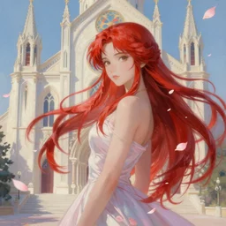 breathtaking detailed soft painting of a samurai queen with long flowing red hair, anime style, pastel flower petals flying, in front of a pristine art nouveau cathedral, elegant, volumetric lighting, highly detailed, artstation, concept art, matte, sharp focus, art by pilyeon, Alfons Mucha and Miho Hirano